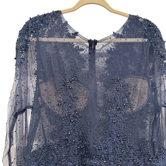 NWT $798 Mac Duggal Sheer Bodice Embroidered Illusion Maxi Dress Gown Navy Sz 16 - Picture 11 of 17